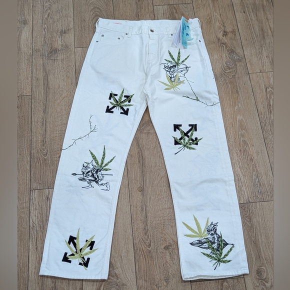 $2840 Mens OFF-WHITE Leaf Embroidered Logo Skate Fit Jeans Off-White 33 - Picture 1 of 11